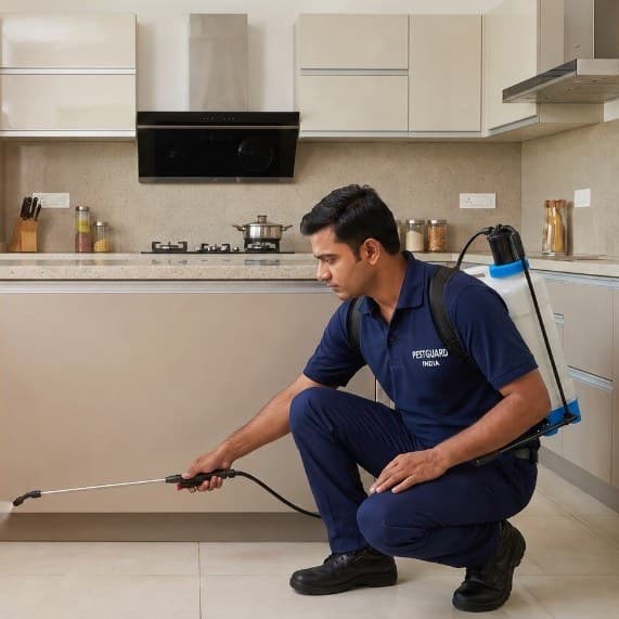 Pest control technician treating a modern kitchen