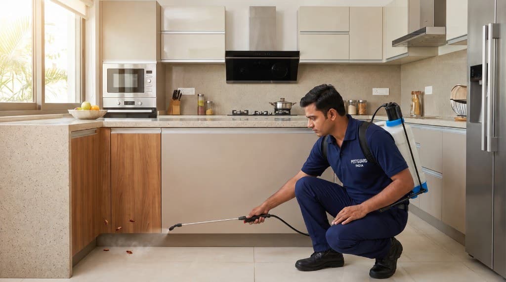 Professional pest control technician treating a modern kitchen