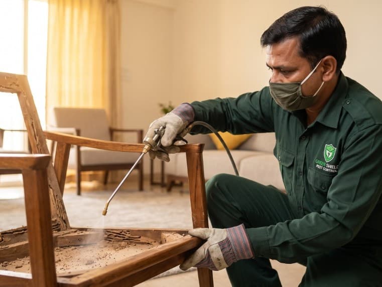 Technician treating a termite-damaged wooden chair frame