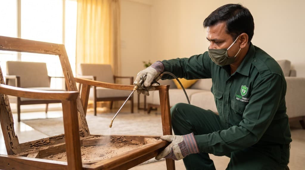Pest control technician treating a termite-damaged wooden chair frame in a living room